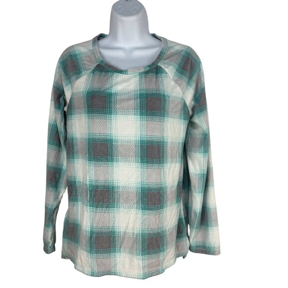 Sonoma Womens Small Plaid Turquoise Gray Pajama Set Long Sleeve Top Elastic Pant - Picture 2 of 8